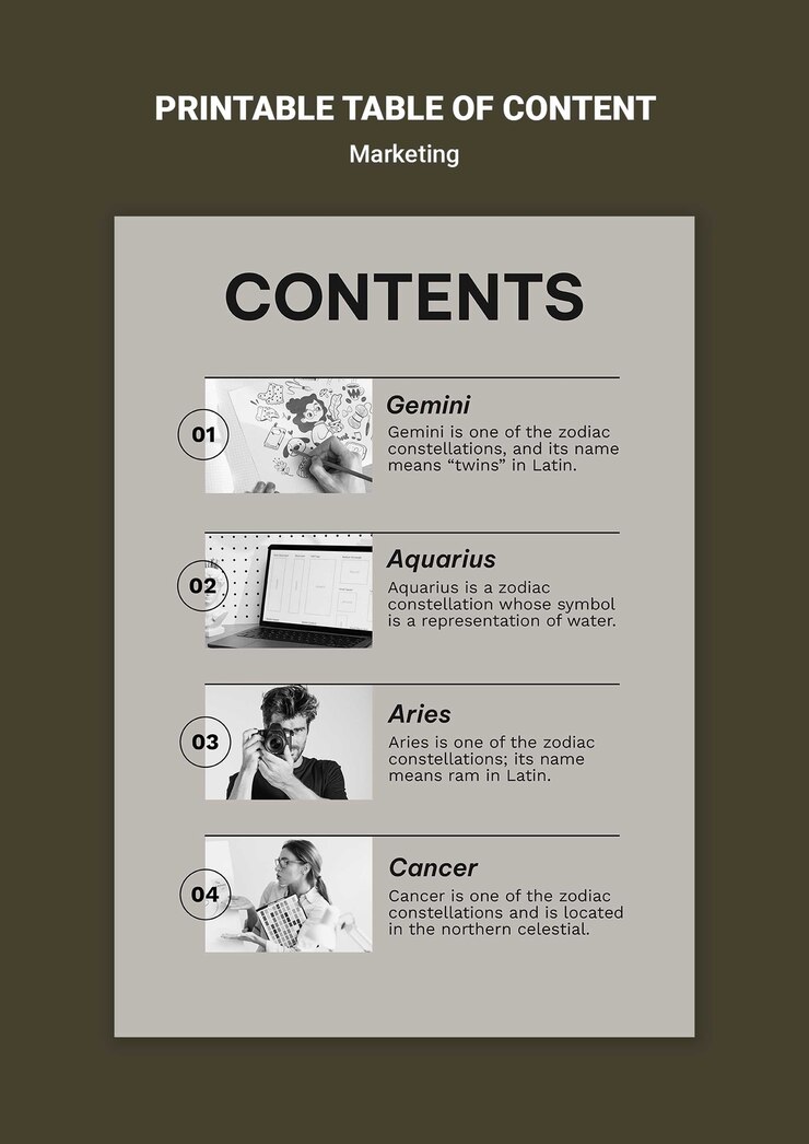 Kostenlose PSD printable table of content for marketing