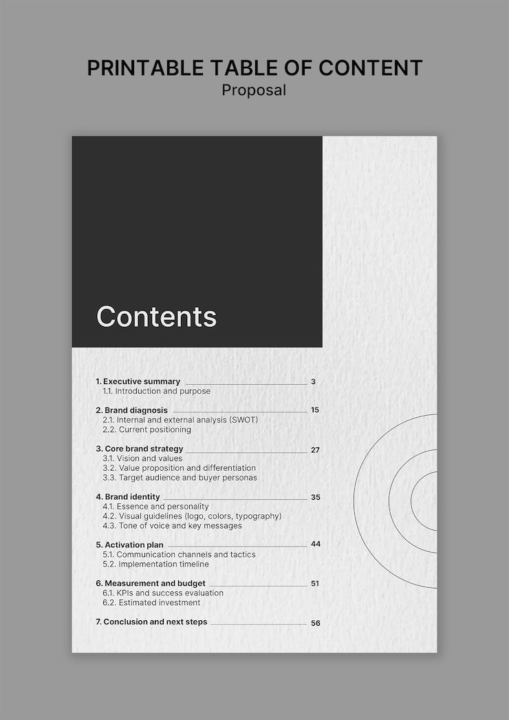 Kostenlose PSD printable table of contents for a proposal template