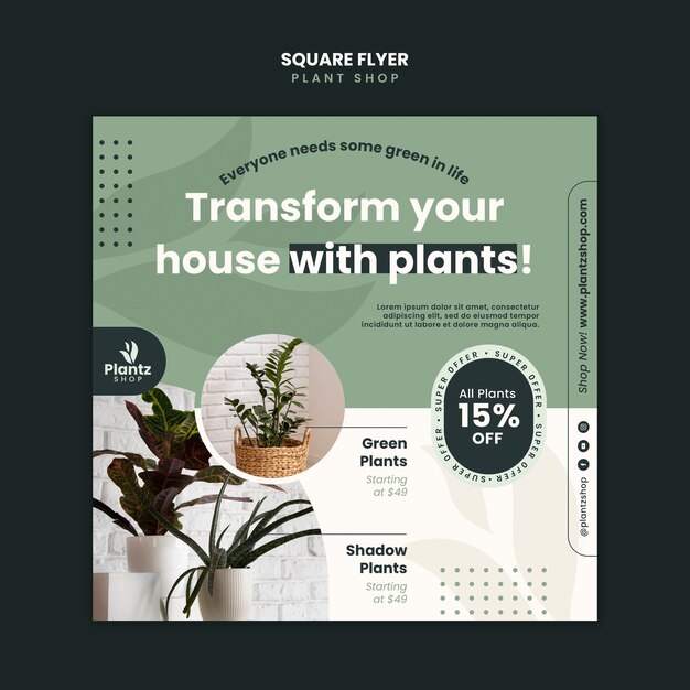 Quadratische Flyer-Vorlage für die Pflanzenpflege im flachen Design