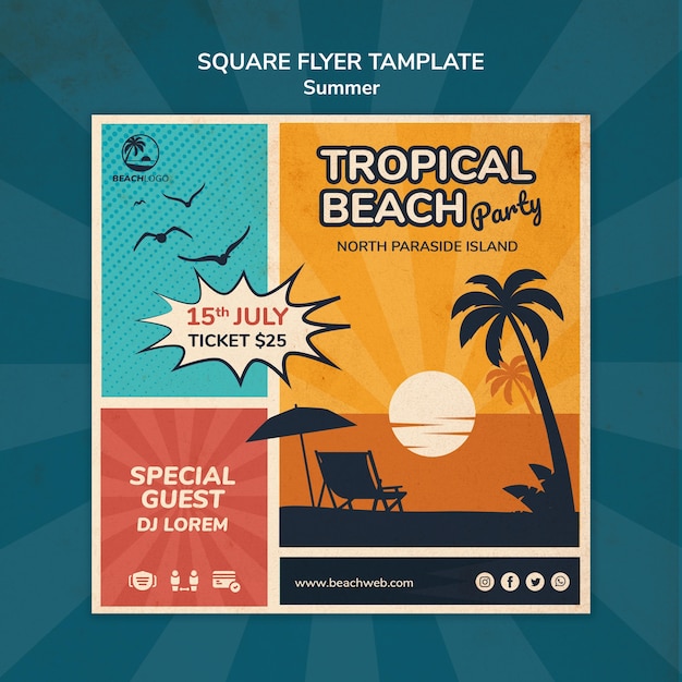 Quadratische flyer-vorlage für tropische strandparty