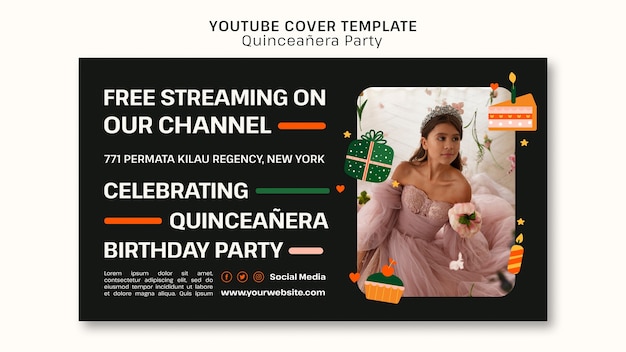 Kostenlose PSD quinceañera-party-youtube-cover im flachen design