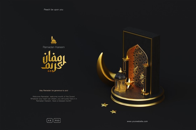 Ramadan kareem-grußhintergrund mit 3d-moschee-podium-halbmondlaterne und islamischen ornamenten