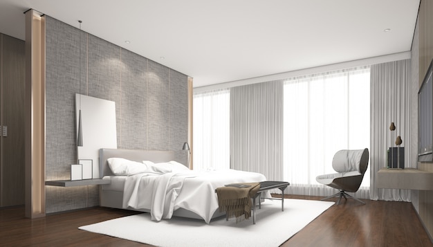 realistisch helles modernes Doppelzimmer mit Möbeln