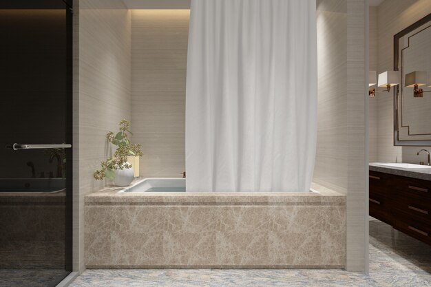 realistisches Badezimmer mit Badewanne und Toilette in einem modernen Haus