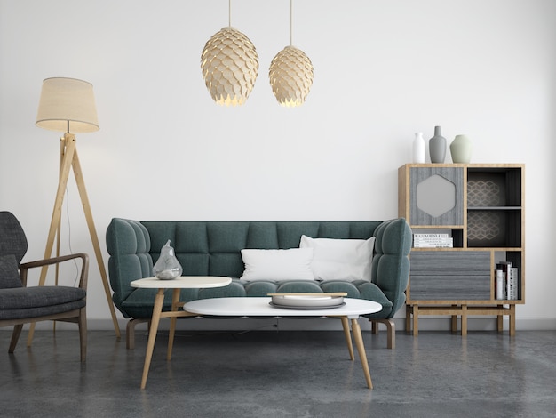 realistisches modernes Wohnzimmer mit Sofa und weißer Wand