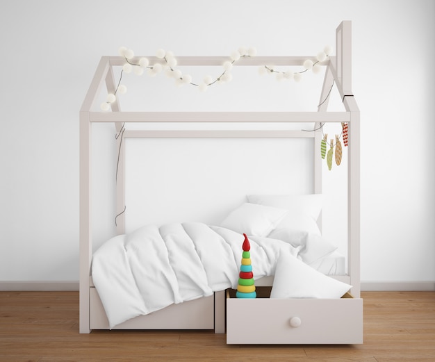 realistisches Schlafzimmer mit einem Bett mit Hausform