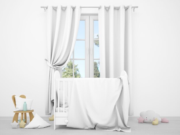 realistisches weißes Babyzimmer mit einem Fenster und einer Wiege