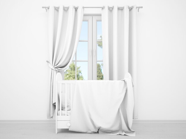 realistisches weißes Babyzimmer mit einem Fenster und einer Wiege