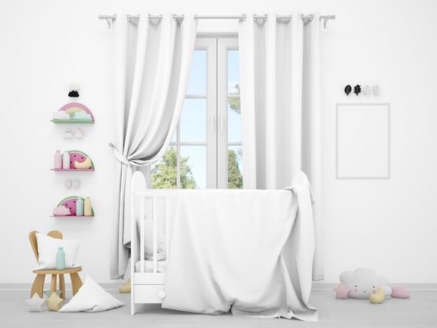 Realistisches weißes babyzimmer mit einem fenster und einer wiege