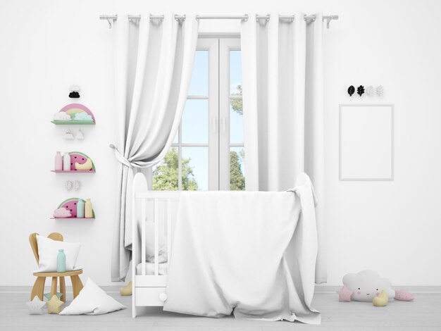 realistisches weißes Babyzimmer mit einem Fenster und einer Wiege