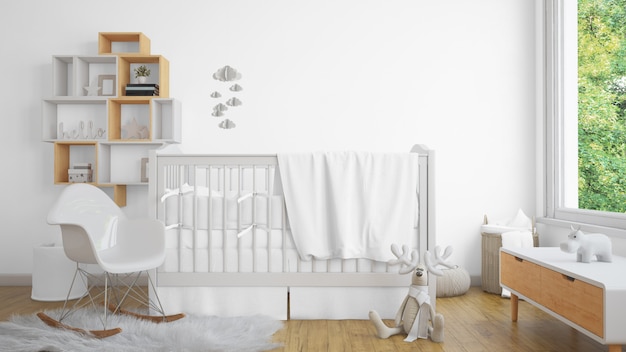 realistisches weißes Babyzimmer mit einem Fenster und einer Wiege