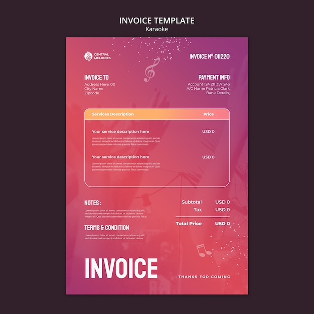 Kostenlose PSD rechnungsvorlage für karaoke-party mit farbverlauf