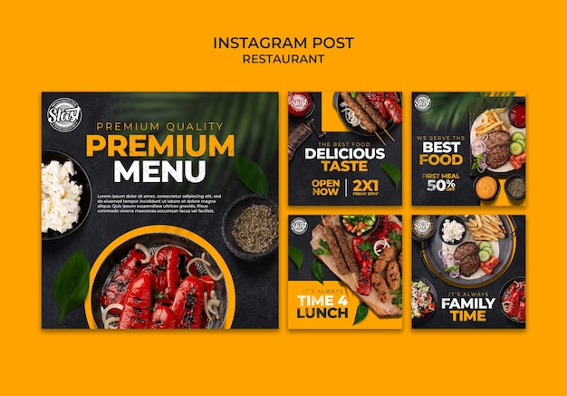 Restaurant-instagram-posts-sammlung mit blattdesign