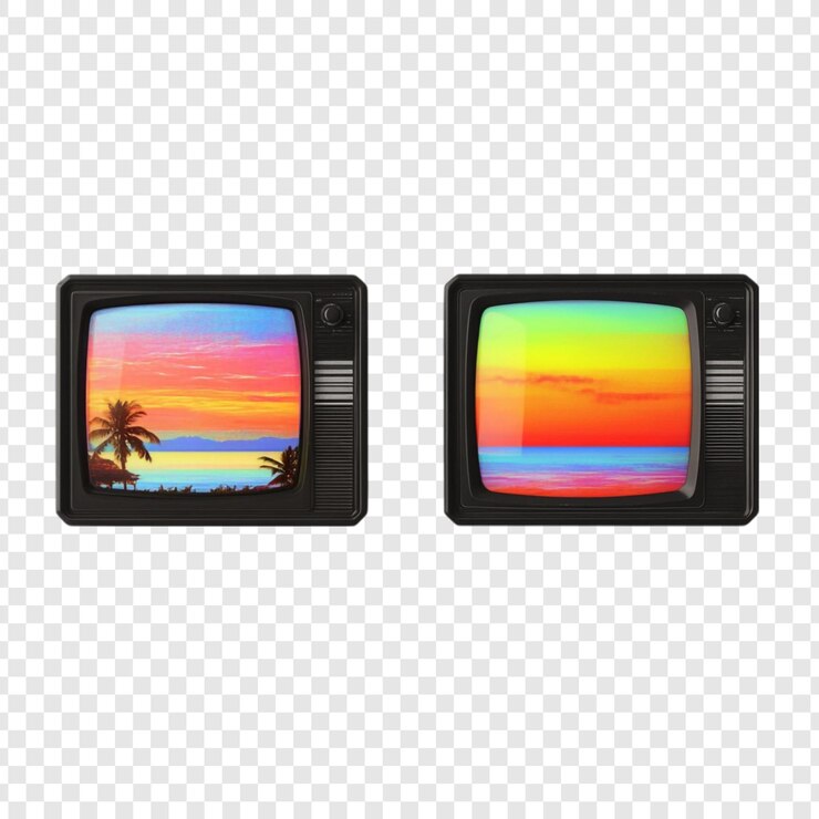 Kostenlose PSD retro-fernseher, die lebhafte sonnenuntergangsszenen am strand zeigen
