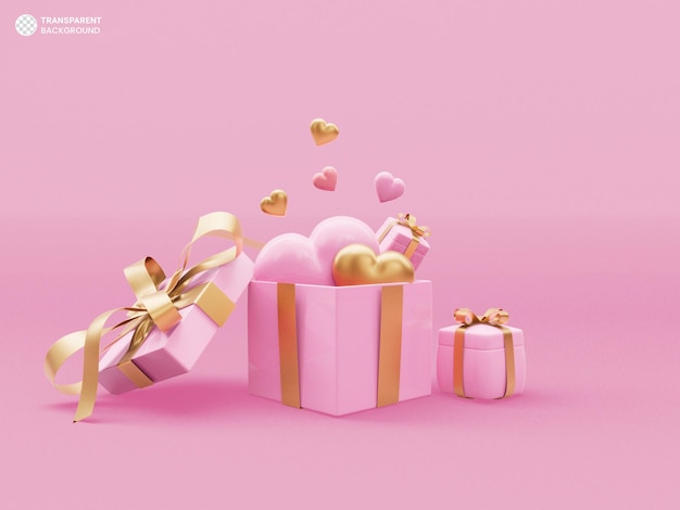 Rosa geschenkbox mit 3d-rendering der liebesherzikone