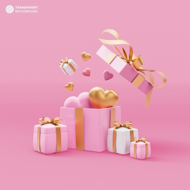 Kostenlose PSD rosa geschenkbox mit 3d-rendering der liebesherzikone