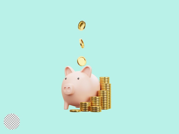 Rosa Sparschwein und US-Dollar-Münzen, die auf rosa Hintergrund fallen, um Geld zu sparen und kreative Ideen für Einzahlungskonzepte durch 3D-Rendering-Technik einzuzahlen
