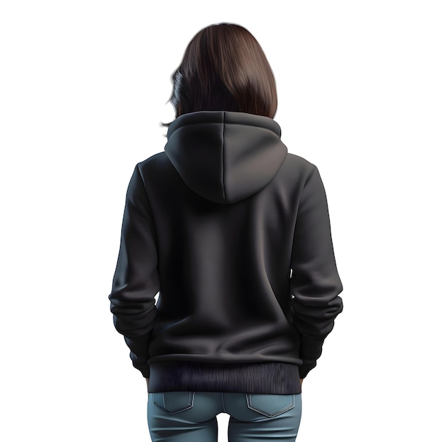 Rückblick auf eine frau mit schwarzem hoodie auf weißem hintergrund mit schnittpfad