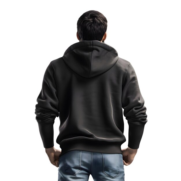 Rücksicht auf einen jungen mann mit schwarzem hoodie, der auf weißem hintergrund isoliert ist