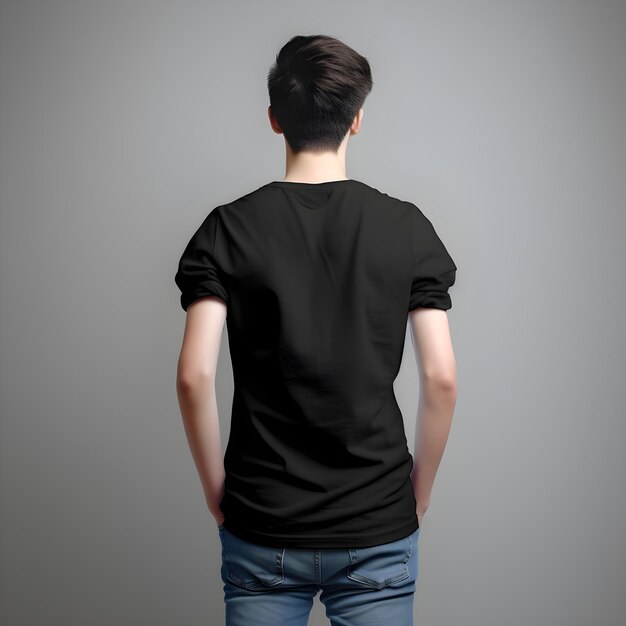Rücksicht auf einen mann in einem leeren schwarzen t-shirt auf einem grauen hintergrund