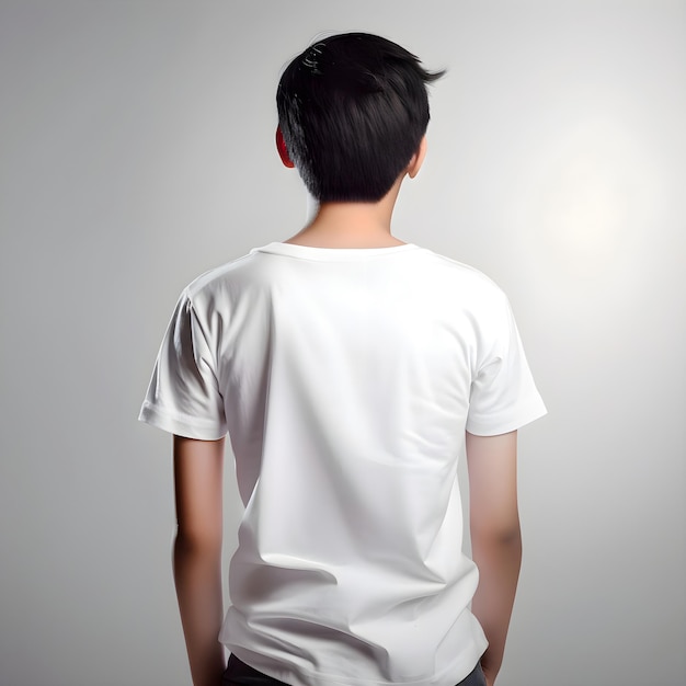 Rückwand eines jungen mannes in weißem t-shirt auf grauem hintergrund