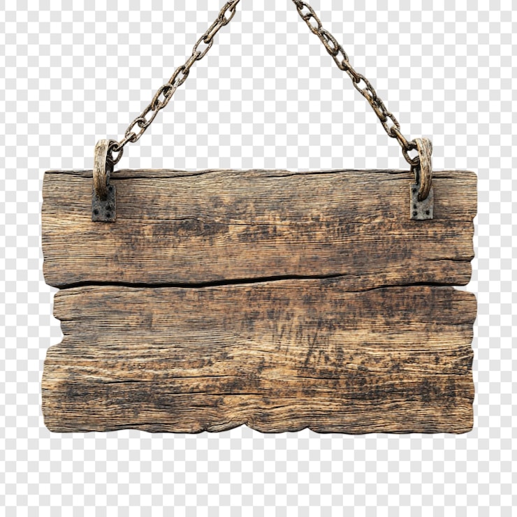 Kostenlose PSD rustikales holzschild, das an ketten hängt, leeres vintage-holzschild für text oder nachricht