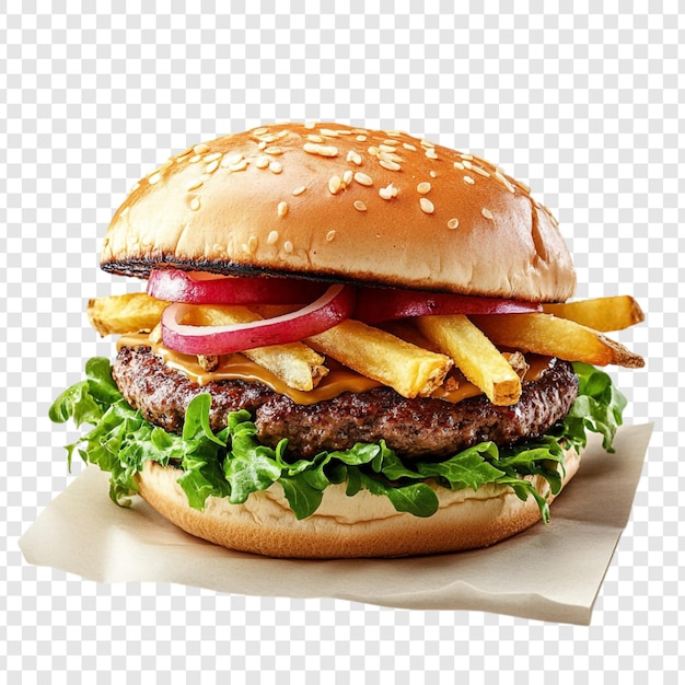 saftiger Burger mit knusprigen Pommes Frites und roten Zwiebeln