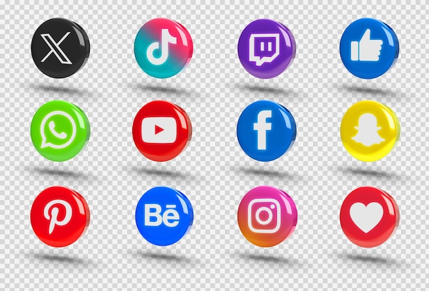 Kostenlose PSD sammlung von 3d-social-media-icons auf einer transparenten oberfläche