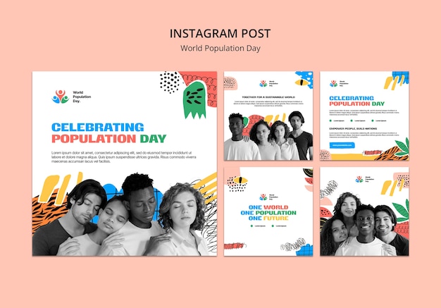 Kostenlose PSD sammlung von instagram-beiträgen zur feier des weltbevölkerungstages