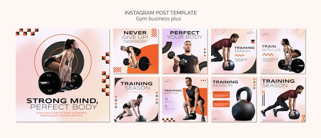 Kostenlose PSD sammlung von instagram-posts für das fitnessstudio