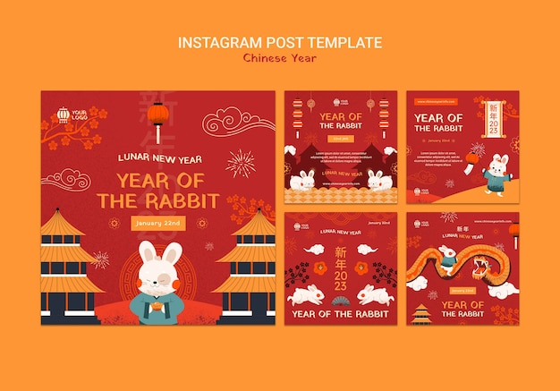 Kostenlose PSD sammlung von instagram-posts für die chinesische neujahrsfeier
