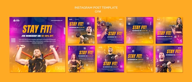 Kostenlose PSD sammlung von instagram-posts für fitnessstudio und fitness