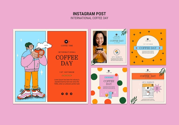 Kostenlose PSD sammlung von instagram-posts zum internationalen kaffeetag