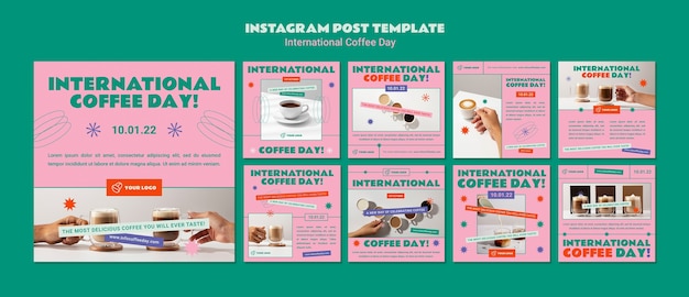 Kostenlose PSD sammlung von instagram-posts zum internationalen kaffeetag