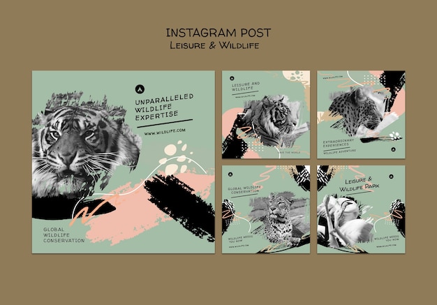 Kostenlose PSD sammlung von instagram-posts zur erhaltung und zum schutz von wildtieren mit abstrakten pinselstrichen