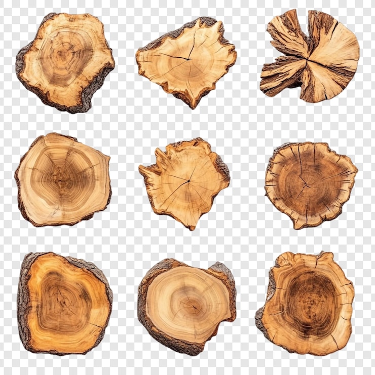 Kostenlose PSD sammlung von neun holzquerschnitten von bäumen