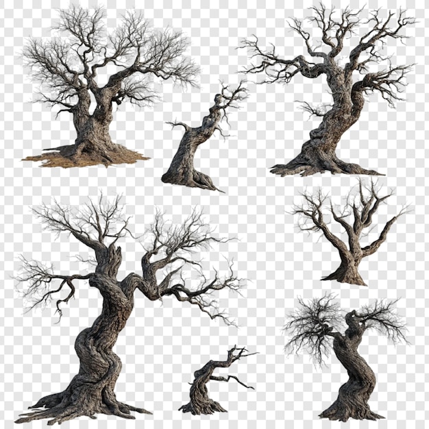 Sammlung von sieben detaillierten nackten Bäumen, isoliert auf durchsichtigem Hintergrund, perfekt für Spieldesign oder digitale Kunst