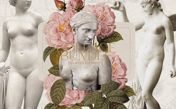 Kostenlose PSD schöne collage-komposition mit vintage-skulpturen und blumen
