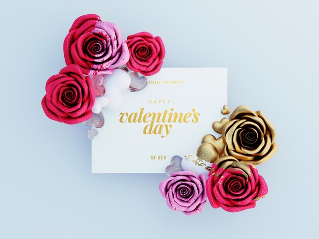 Schöne Grußkarte Mockup dekoriert mit niedlichen Rosen und Liebesherzen Top View Szene