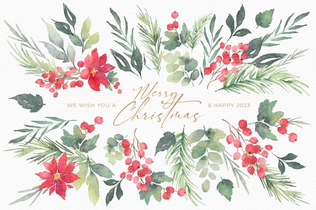 Schöner Aquarell-Weihnachtshintergrund mit Blättern und Blumen