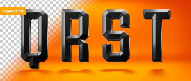Kostenlose PSD schwarz glänzendes alphabet mit kantiger form