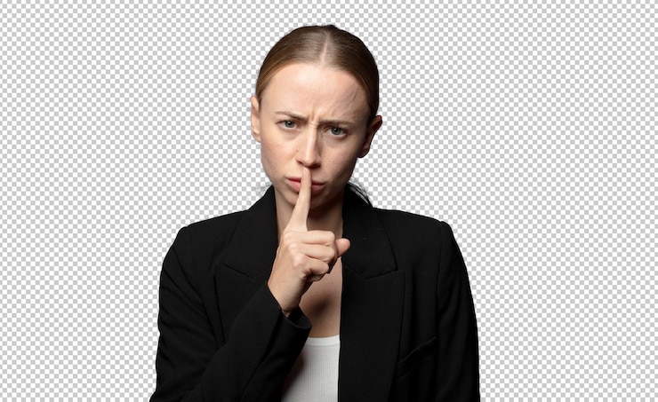 Kostenlose PSD sie sehen ernst aus und kreuzen sich mit einem finger, der an die lippen gedrückt wird