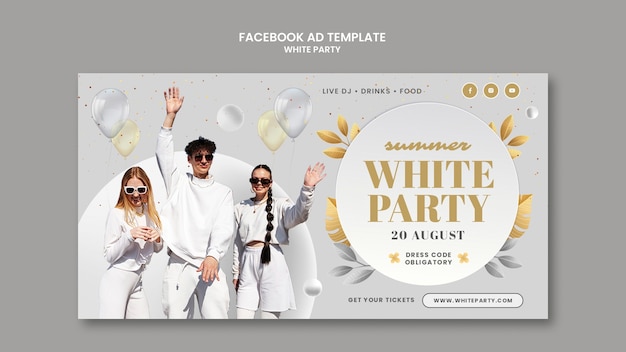Social-media-promo-vorlage für weiße partys mit luftballons und blättern