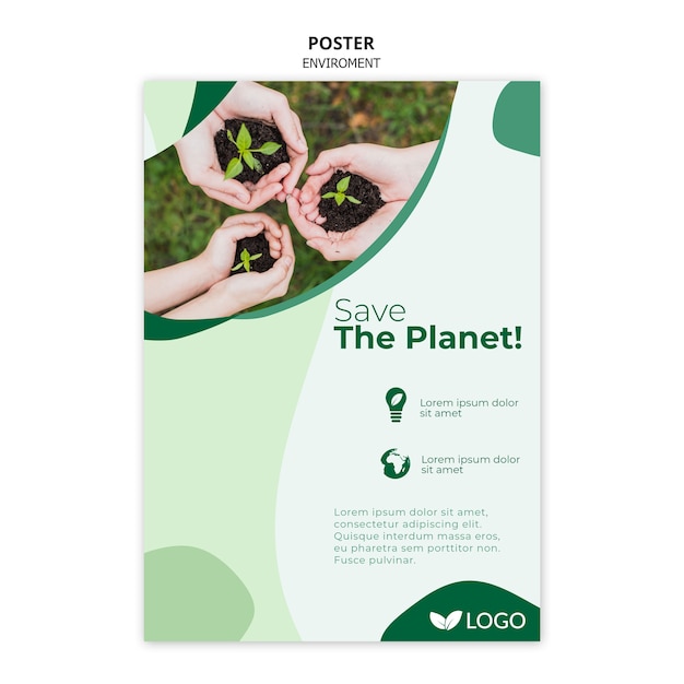 Speichern Sie die Planetenplakatvorlage mit Pflanzen und Händen