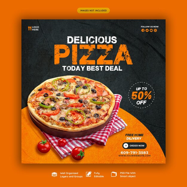 Speisekarte und köstliche Pizza-Social-Media-Banner-Vorlage