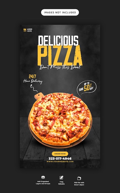 Kostenlose PSD speisekarte und leckere pizza instagram- und facebook-story-vorlage