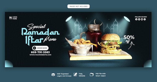 Spezielles ramadan kareem-essen und iftar-menü facebook-cover-banner-vorlage