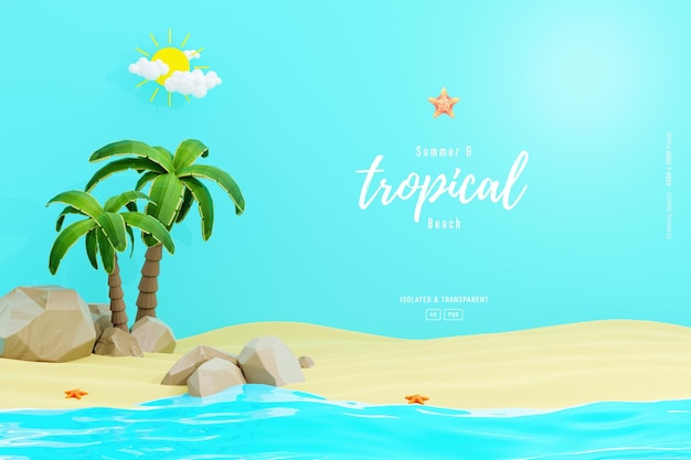 Kostenlose PSD summer background template-komposition mit sandsteinen, palmen und niedlichen strandobjekten