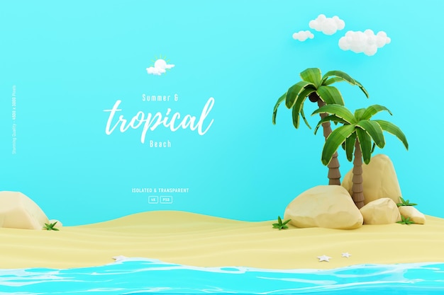 Summer Background Template-Komposition mit Sandsteinen, Palmen und niedlichen Strandobjekten