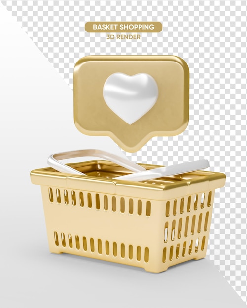 Kostenlose PSD supermarktkorb gold 3d rendern realistisch auf transparentem hintergrund